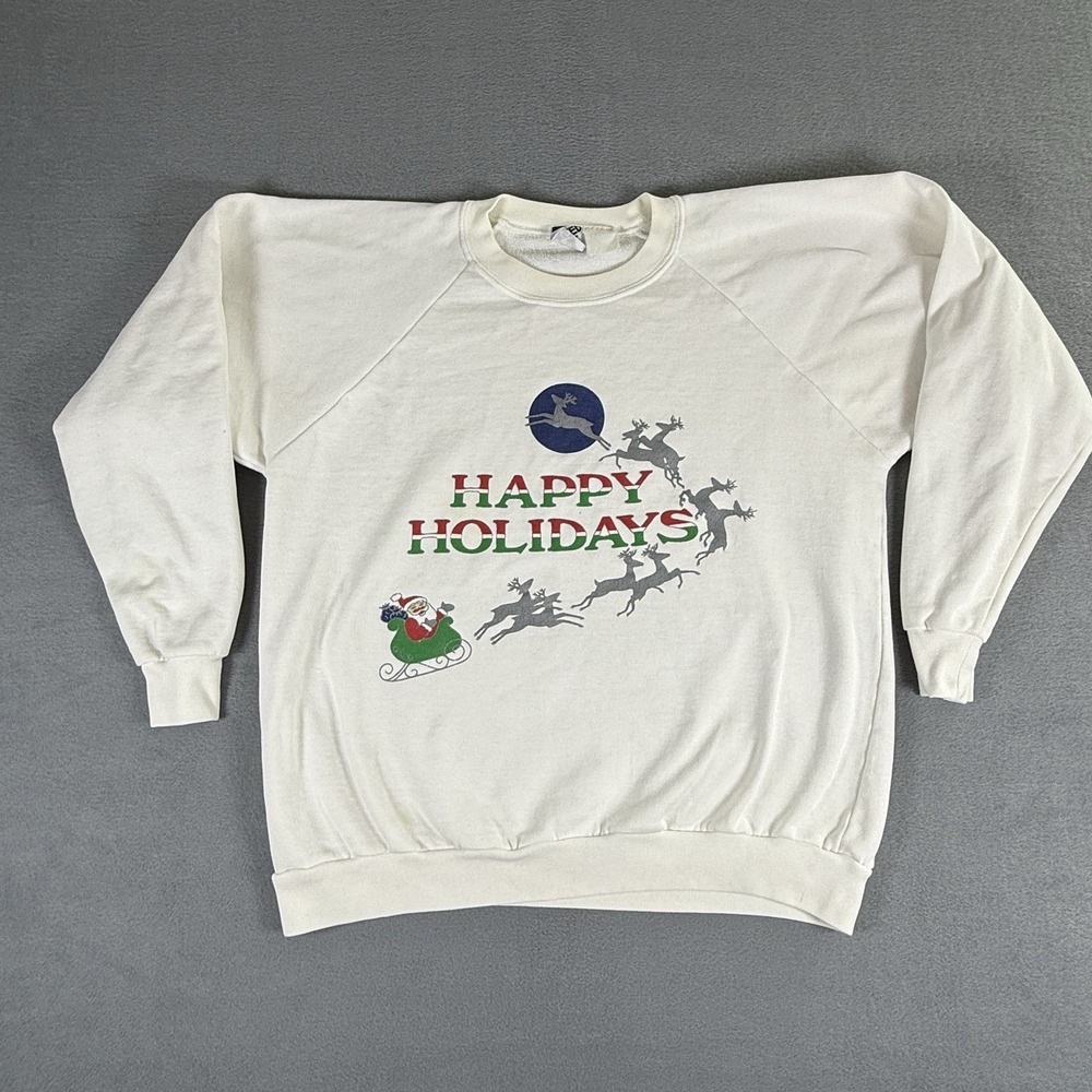 Vintage Large Holiday Sweatshirt White‎ Happy Holidays Sleigh Santa *